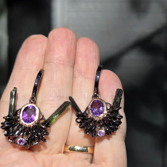 Amethyst & Tourmaline sterling rhodium & gold modern deco earrings - Picture 11 of 12